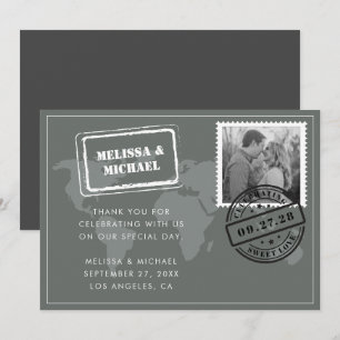 Gray World Map Destination Wedding Photo Thank You Card