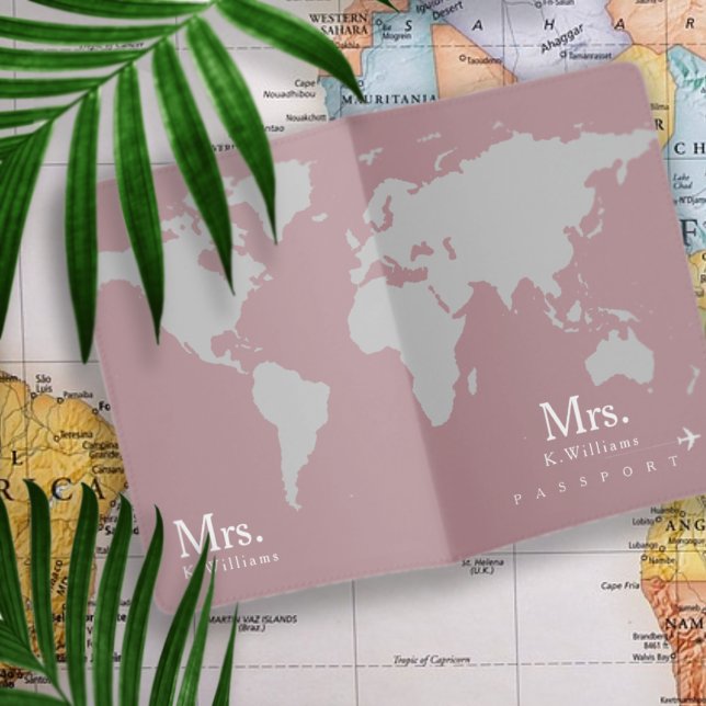 Gray World Map on Dusty-Rose with Mrs. Name Passport Holder (Creator Uploaded)