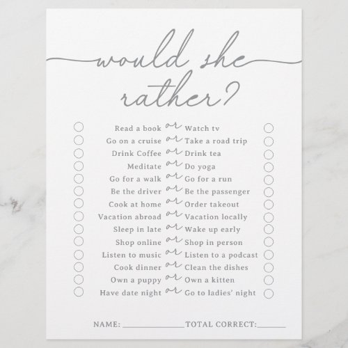 Gray Would She Rather Bridal Shower Game
