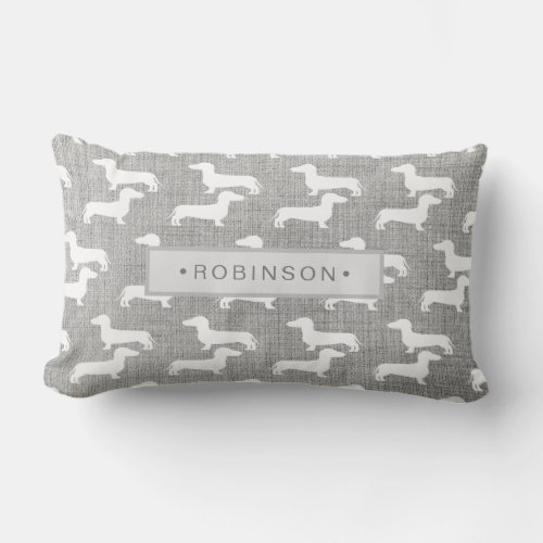 Gray Woven Fabric Print Dog Dachshund Pattern Name Lumbar Pillow