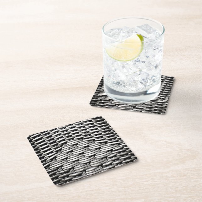 Gray Woven Texture – Modern Abstract Pattern Square Paper Coaster (Insitu)