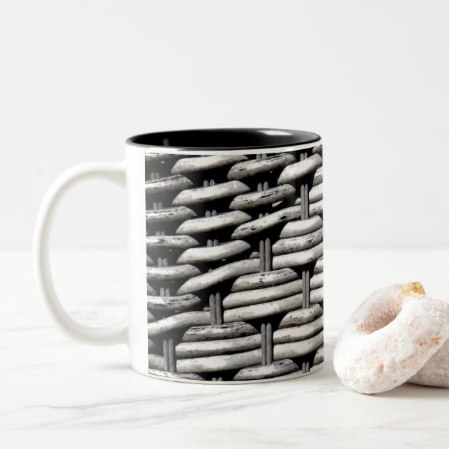 Gray Woven Texture – Modern Abstract Pattern Two-Tone Coffee Mug (With Donut)