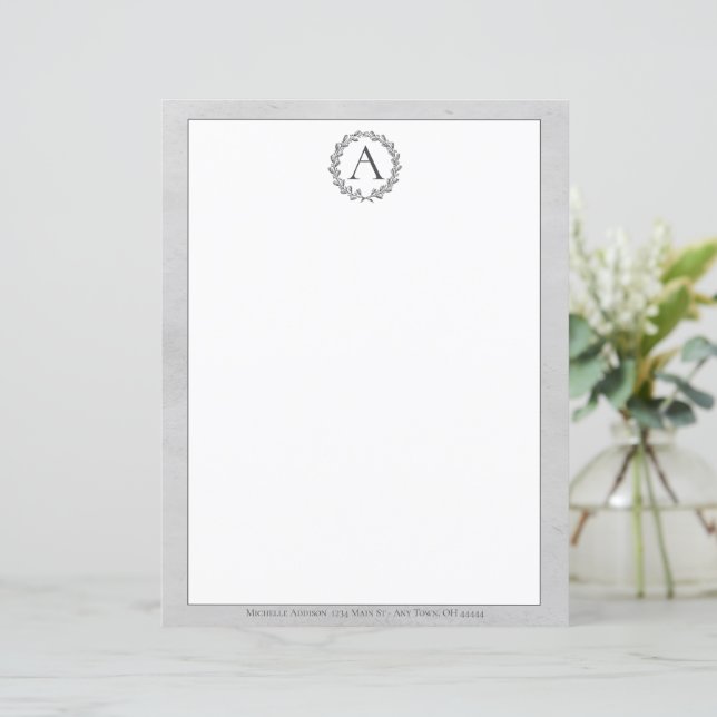 Gray Wreath Monogram Stationery (Standing Front)