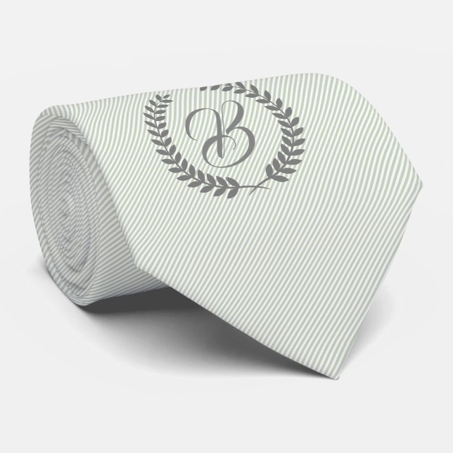 Gray Wreath With Monogram Mint-Green Tin Stripes Tie (Rolled)