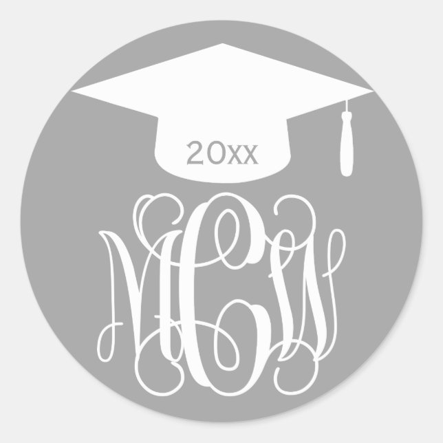 Gray Wt Vine Script Monogram Graduation DIY BG Classic Round Sticker (Front)