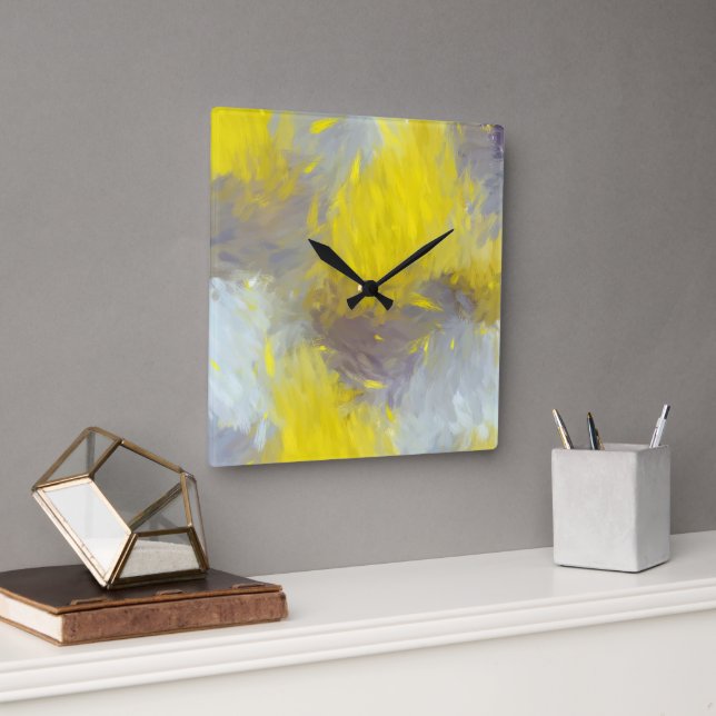 Gray Yellow Abstract Brushstrokes  Square Wall Clock (Office)