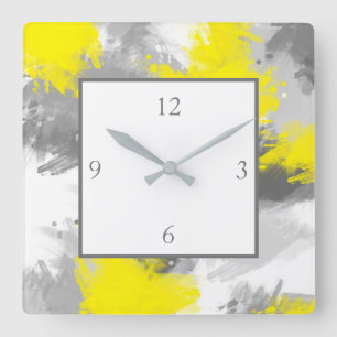 Gray Yellow Abstract Brushstrokes Square Wall Clock