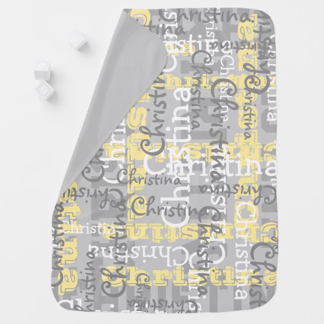 Gray Yellow Allover Name Collage Personalized Baby Blanket (In Situ)