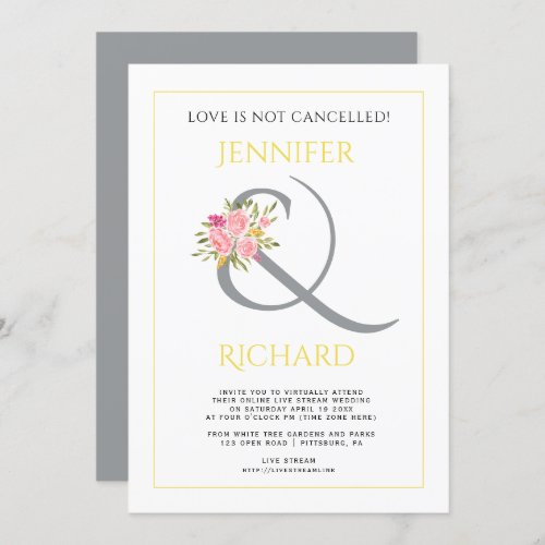 Gray yellow ampersand pink roses virtual wedding invitation