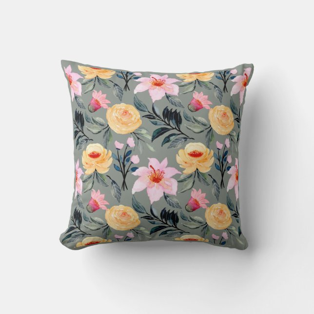 Gray Yellow and Pink Flowers Pillow (Front)