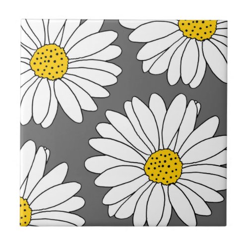 Gray Yellow and White Daisies Ceramic Tile