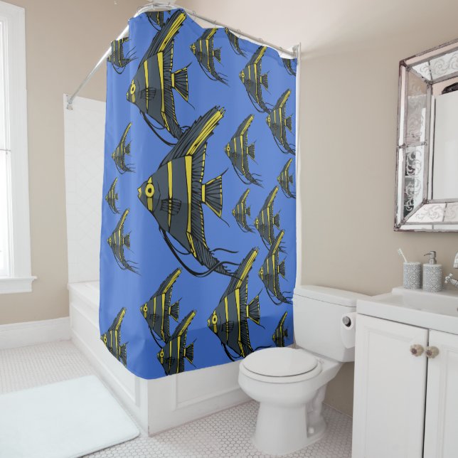Gray & Yellow Angelfish Shower Curtain (In Situ)