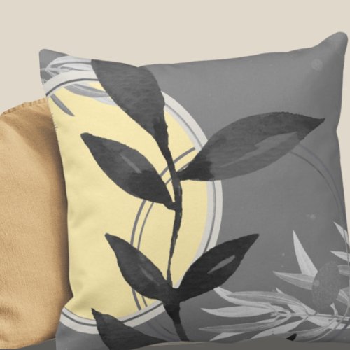 Gray  Yellow Artistic Abstract Watercolor Leaf  Throw Pillow
