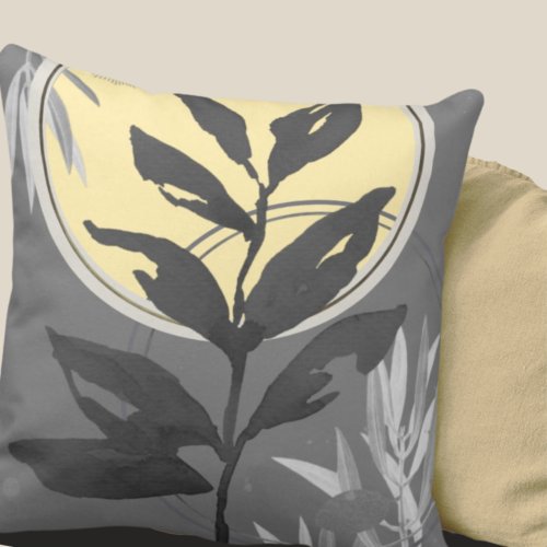 Gray  Yellow Artistic Abstract Watercolor Leaves Throw Pillow