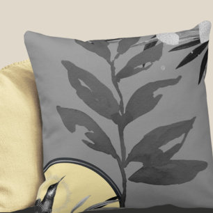 Gray & Yellow Artistic Watercolor Leaves Throw Pillow