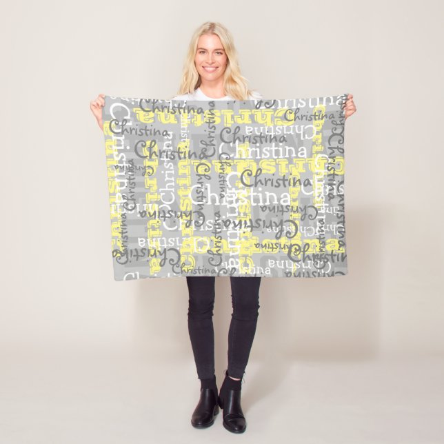 Gray Yellow Baby Allover Name Collage Personalized Fleece Blanket (In Situ)