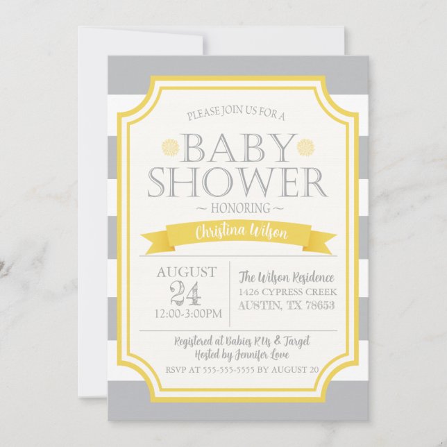 Gray & Yellow Baby Shower Invitation (Front)
