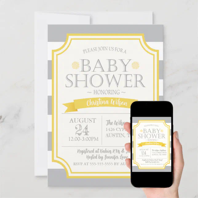 Gray & Yellow Baby Shower Invitation Zazzle