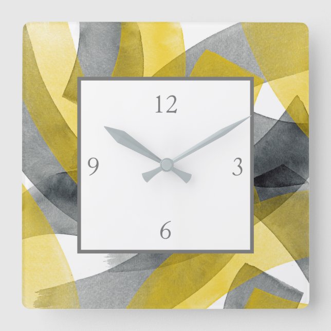 Gray Yellow Black Abstract Brushstrokes Square Wall Clock (Front)