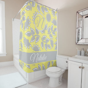 Gray yellow bold floral pattern  - monogrammed shower curtain