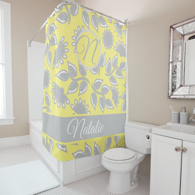 Gray yellow bold floral pattern  - monogrammed shower curtain (In Situ)