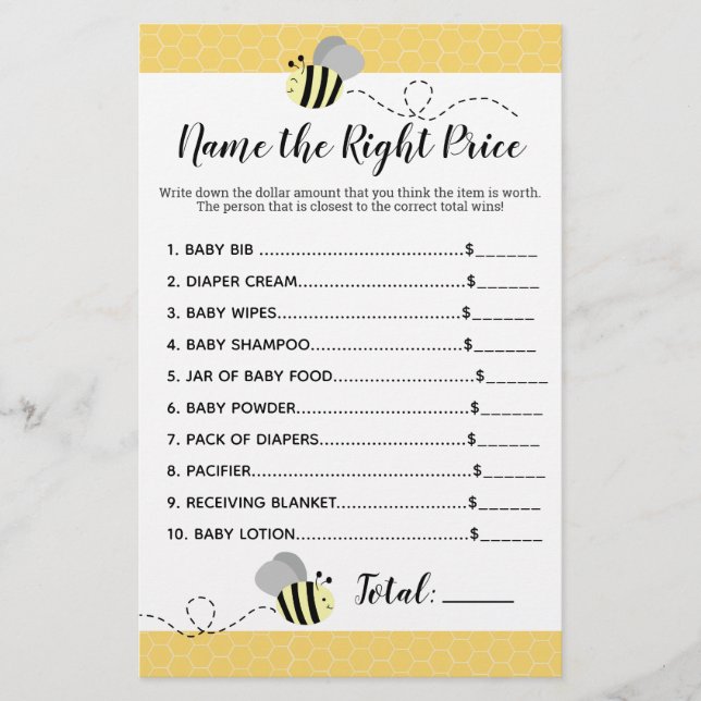 Gray Yellow Bumble Bee Name the Price Shower Game (Front)