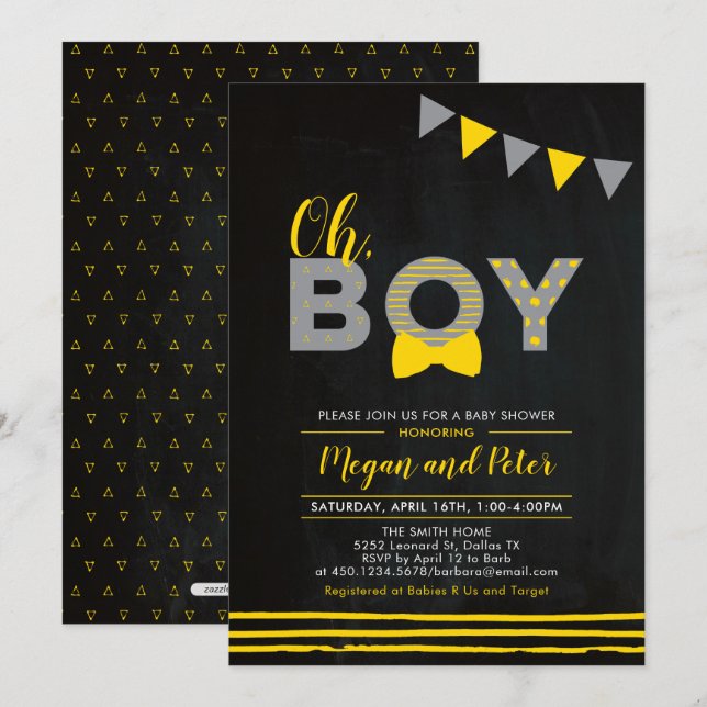 Gray & Yellow | Chalkboard "Oh Boy" Baby Shower Invitation (Front/Back)