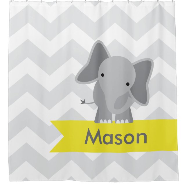 Gray Yellow Chevron Elephant Kids Personalized Shower Curtain (Front)