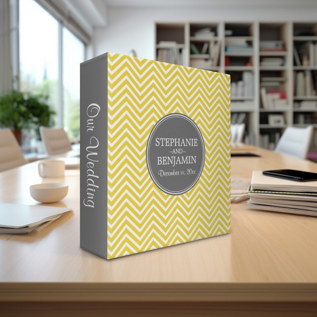 Gray & Yellow Chevron Pattern Custom Wedding Date 3 Ring Binder (Custom Wedding and Anniversary Binder - Personalize with Bride and Groom)