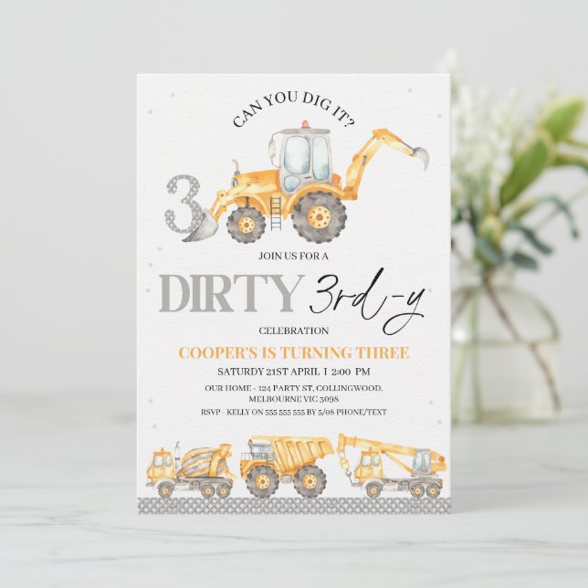 Gray Yellow Construction Dirty 3rd-y 3rd Birthday  Invitation (Standing Front)