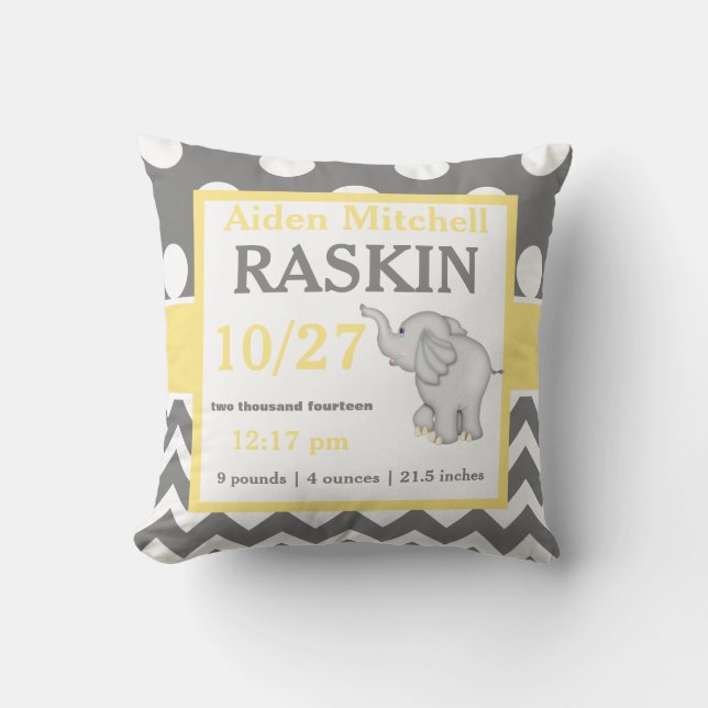 Gray Yellow Elephant Baby Announcement Pillow (Front)