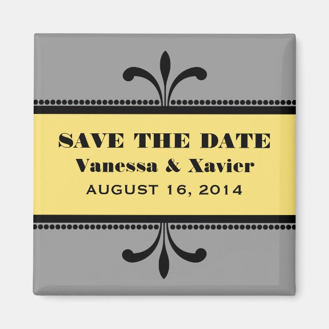 Gray/Yellow Fancy Art Deco Save the Date Magnet (Front)
