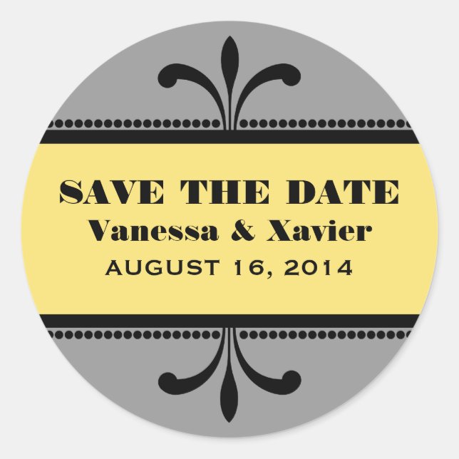Gray/Yellow Fancy Art Deco Save the Date Stickers (Front)
