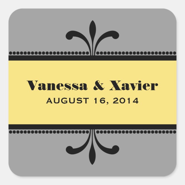 Gray/Yellow Fancy Art Deco Wedding Stickers (Front)