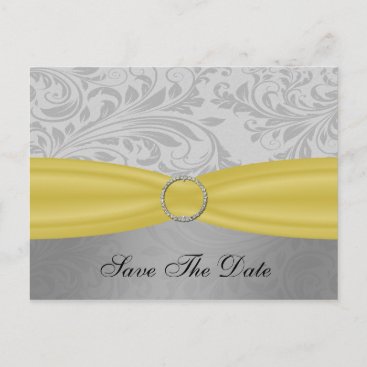 Gray Yellow  FAUX ribbon diamante buckle Wedding Announcement Postcard