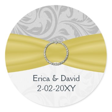 Gray Yellow  FAUX ribbon diamante buckle Wedding Classic Round Sticker