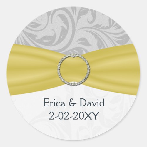 Gray Yellow  FAUX ribbon diamante buckle Wedding Classic Round Sticker