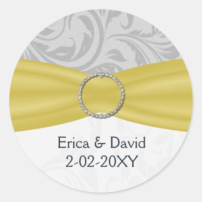 Gray Yellow  FAUX ribbon diamante buckle Wedding Classic Round Sticker (Front)