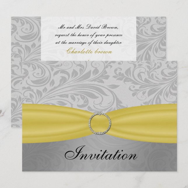 Gray Yellow  FAUX ribbon diamante buckle Wedding Invitation (Front/Back)