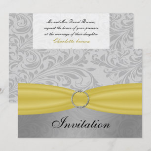 Gray Yellow  FAUX ribbon diamante buckle Wedding Invitation
