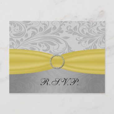 Gray Yellow  FAUX ribbon diamante buckle Wedding Invitation Postcard