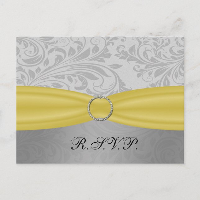 Gray Yellow  FAUX ribbon diamante buckle Wedding Invitation Postcard (Front)