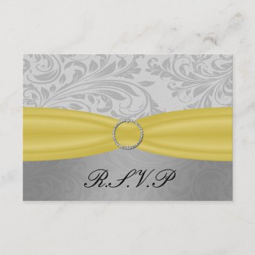 Gray Yellow  FAUX ribbon diamante buckle Wedding RSVP Card