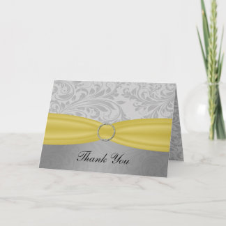 Gray Yellow  FAUX ribbon diamante buckle Wedding Thank You Card