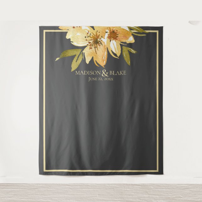 Gray Yellow Green Floral Wedding Photo Backdrop (Front)