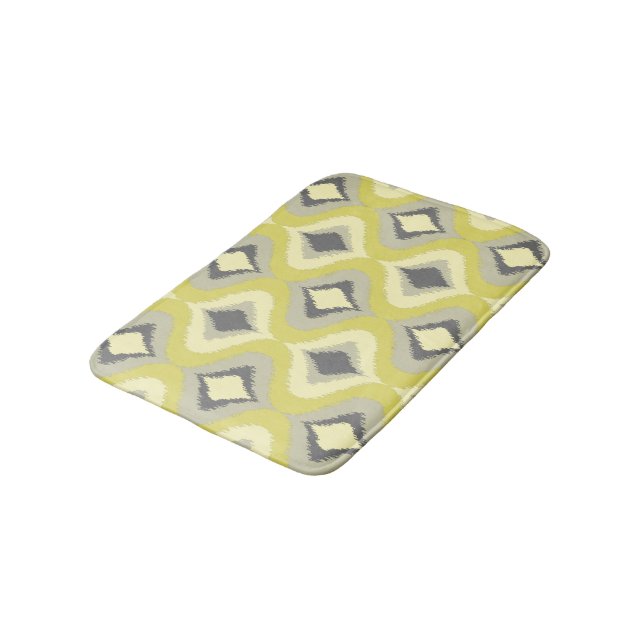Gray Yellow Green Ochre Retro Ikat Drops Pattern Bath Mat (Angled)