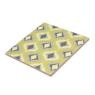 Gray Yellow Green Ochre Retro Ikat Drops Pattern Ceramic Tile