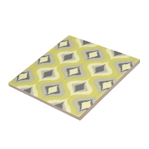 Gray Yellow Green Ochre Retro Ikat Drops Pattern Ceramic Tile