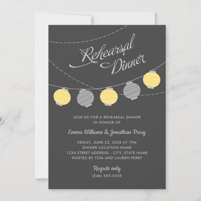 Gray Yellow Lantern Wedding Rehearsal Dinner Invitation (Front)