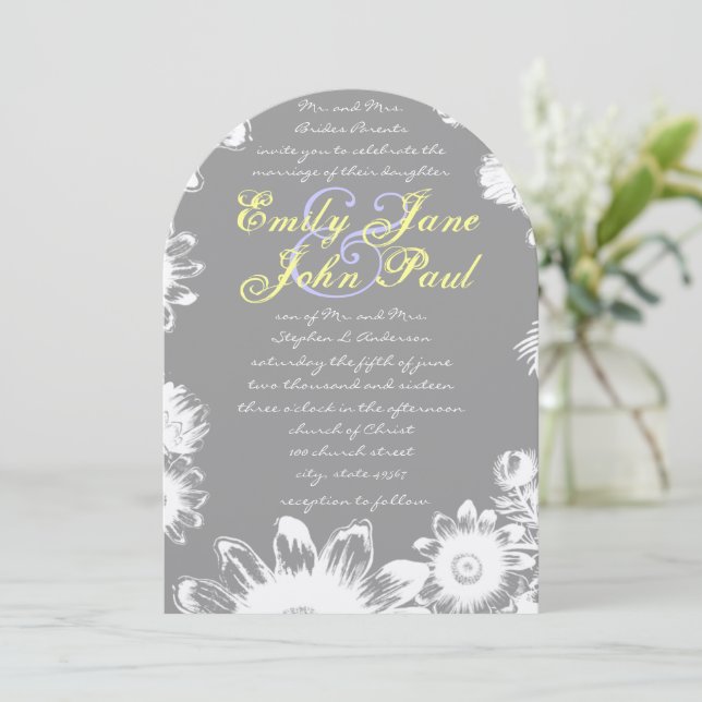 Gray Yellow Lilac Rustic Floral Wedding Invitation (Standing Front)